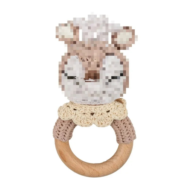 Natural Beech Wood Baby Soothing Teething Ring | CPC Certified Handmade Crochet Cotton Bunny Rattle