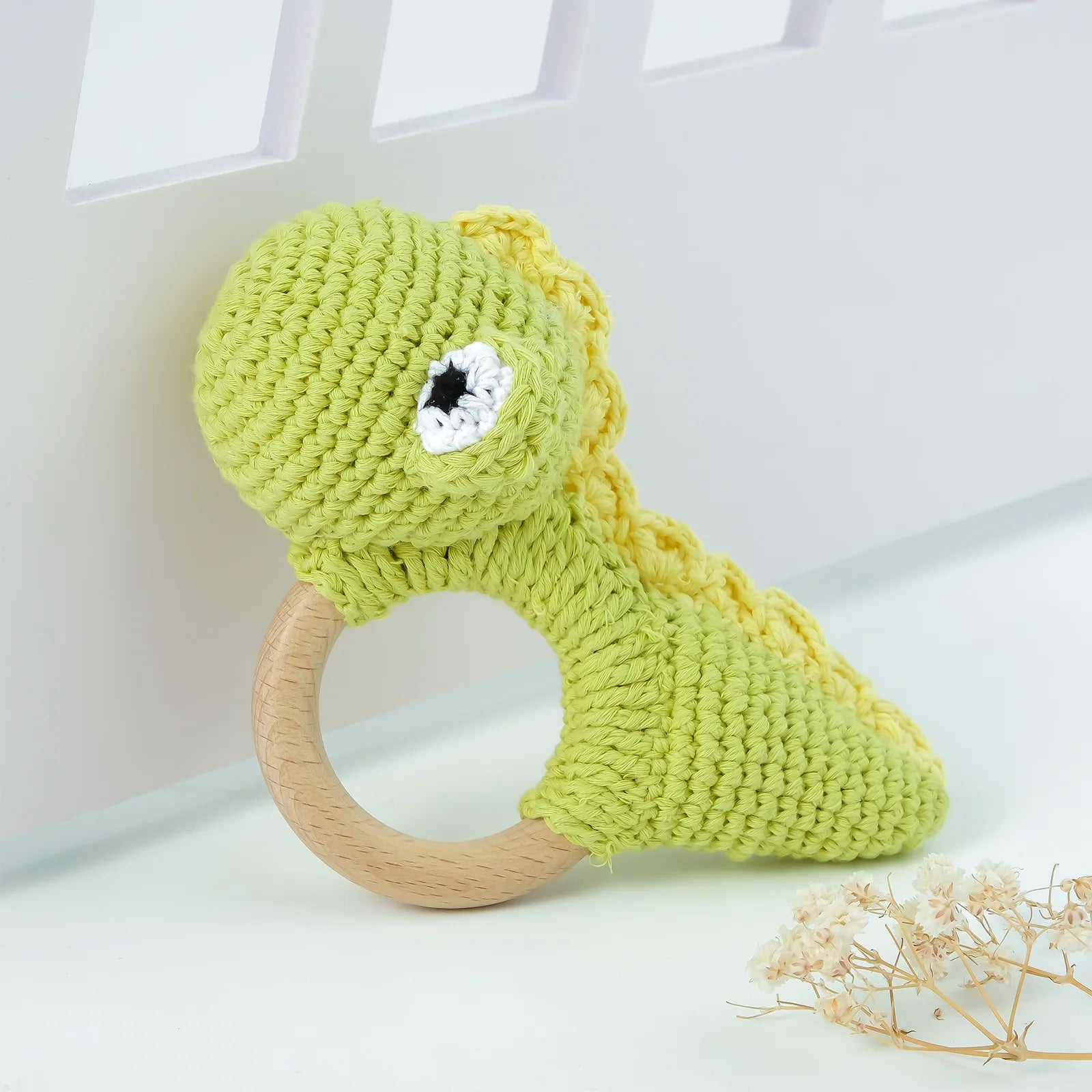 Natural Beech Wood Baby Soothing Teething Ring | CPC Certified Handmade Crochet Cotton Bunny Rattle
