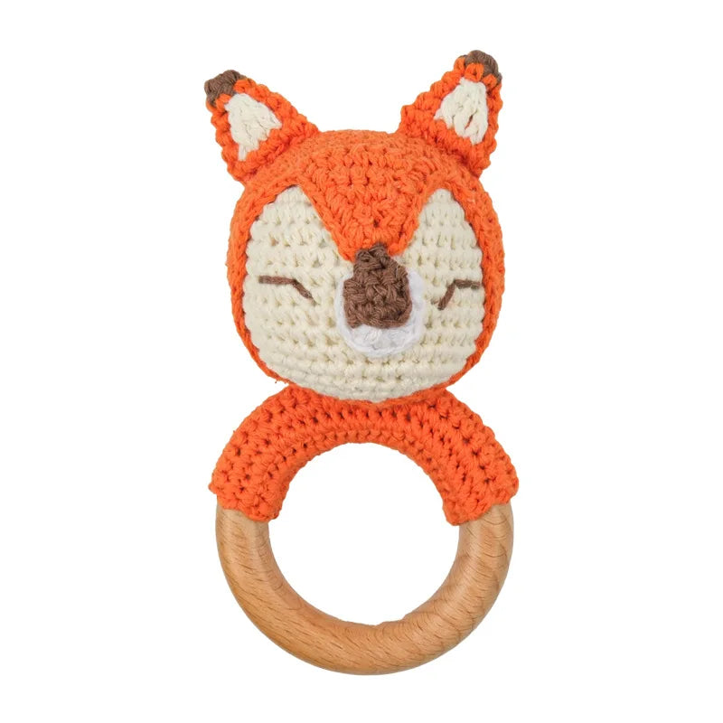 Natural Beech Wood Baby Soothing Teething Ring | CPC Certified Handmade Crochet Cotton Bunny Rattle