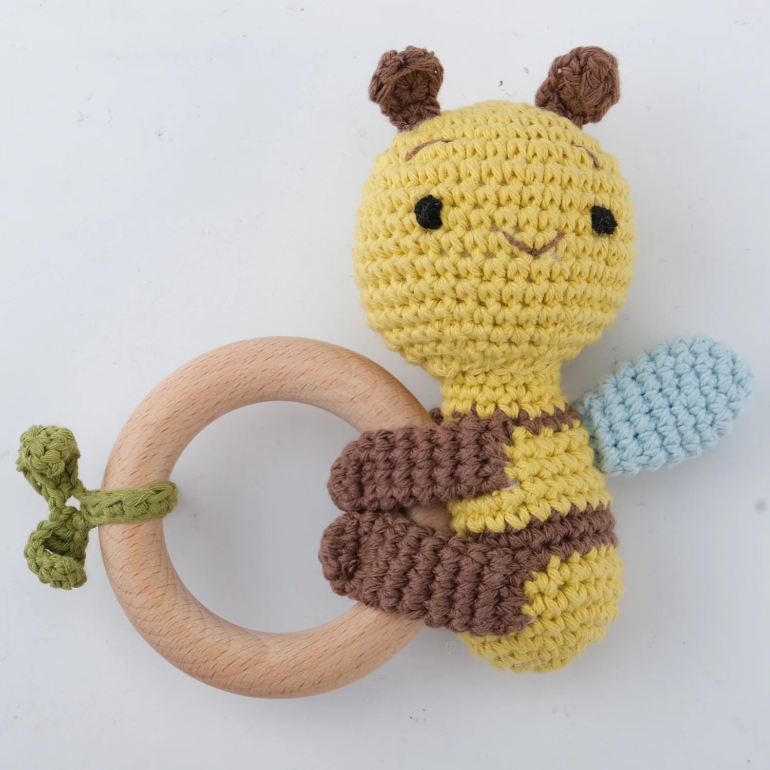 Natural Beech Wood Baby Soothing Teething Ring | CPC Certified Handmade Crochet Cotton Bunny Rattle