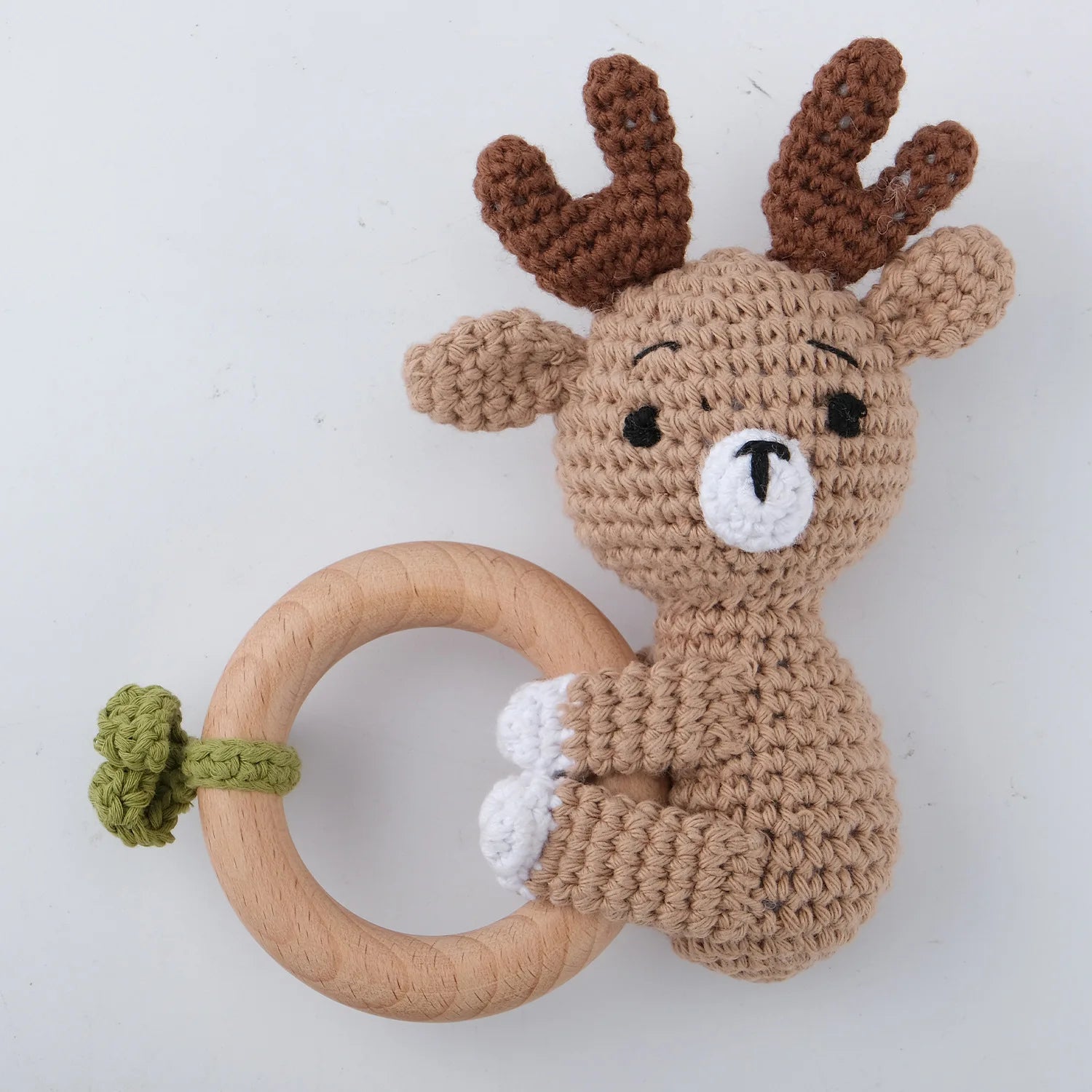 Natural Beech Wood Baby Soothing Teething Ring | CPC Certified Handmade Crochet Cotton Bunny Rattle