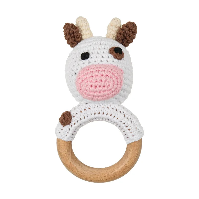 Natural Beech Wood Baby Soothing Teething Ring | CPC Certified Handmade Crochet Cotton Bunny Rattle