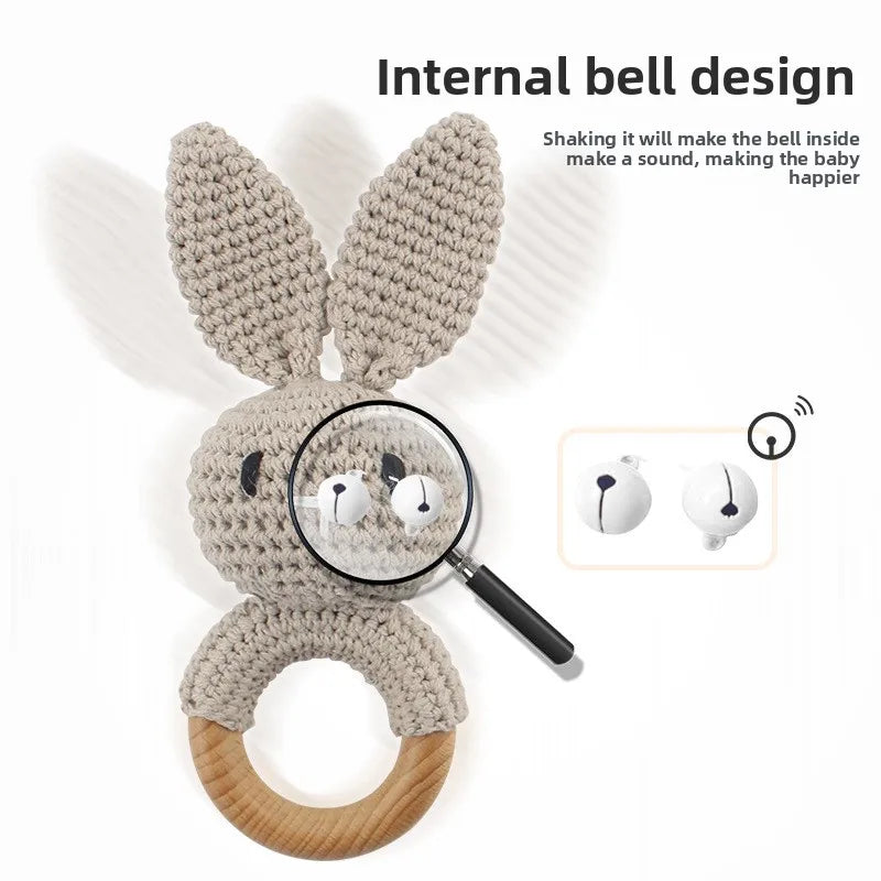 Natural Beech Wood Baby Soothing Teething Ring | CPC Certified Handmade Crochet Cotton Bunny Rattle