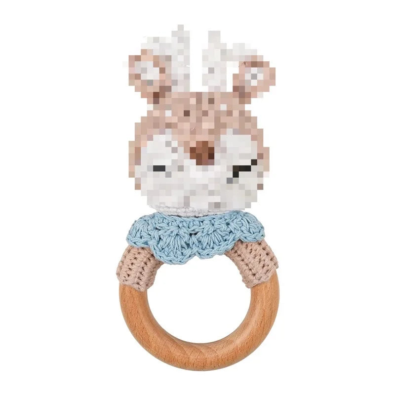 Natural Beech Wood Baby Soothing Teething Ring | CPC Certified Handmade Crochet Cotton Bunny Rattle