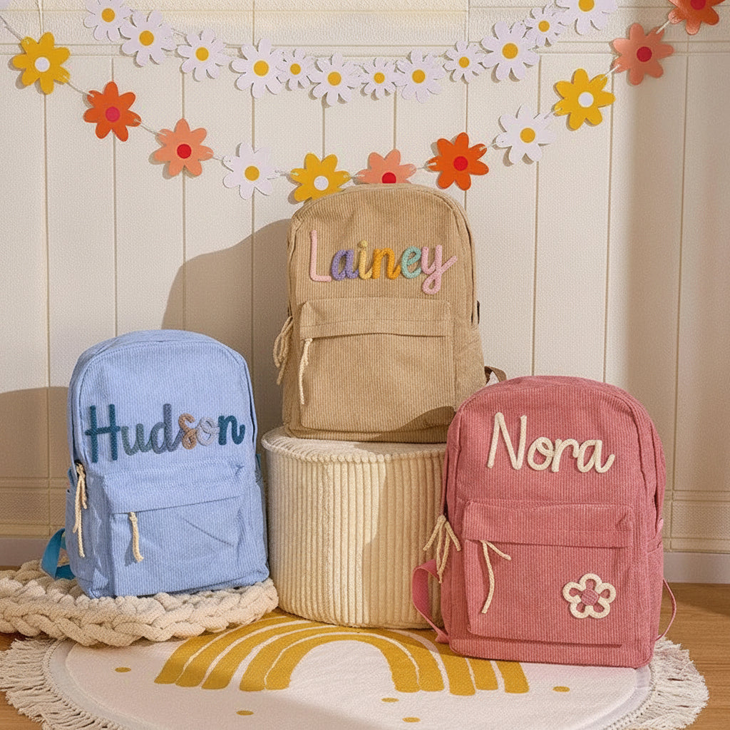 Three personalized corduroy backpacks in light blue, beige, and dusty pink are displayed on a styled floor with a decorative daisy garland and a yellow rug. The backpacks feature embroidered names ('Hudson', 'Lainey', 'Nora') and are set against a warm, cozy background with a wooden panel wall.