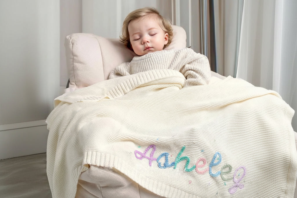 A baby sleeping soundly wrapped in a cream-colored knit blanket with personalized embroidered name 'Asheley' in pastel colors.
