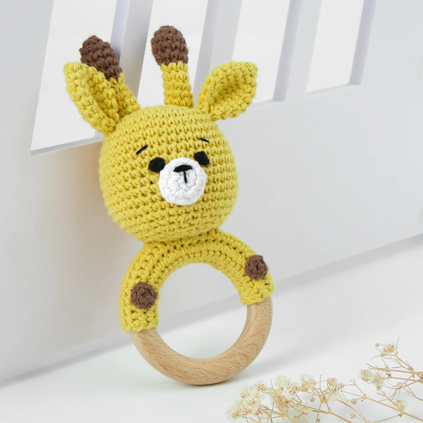 Natural Beech Wood Baby Soothing Teething Ring | CPC Certified Handmade Crochet Cotton Bunny Rattle