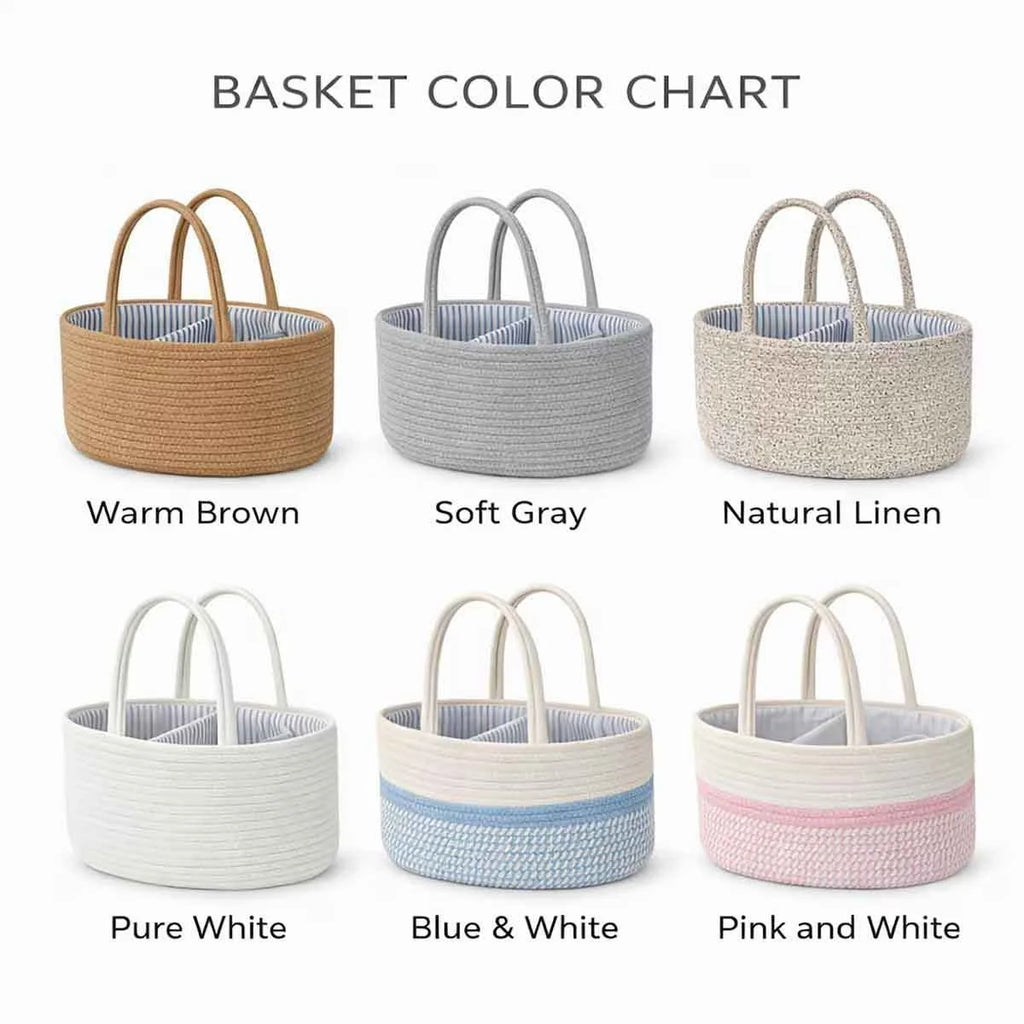 A basket color chart showing six woven storage baskets with labels: Warm Brown, Soft Gray, Natural Linen, Pure White, Blue & White, and Pink and White. The image is clean and informative, with each basket centered and named underneath on a white background.