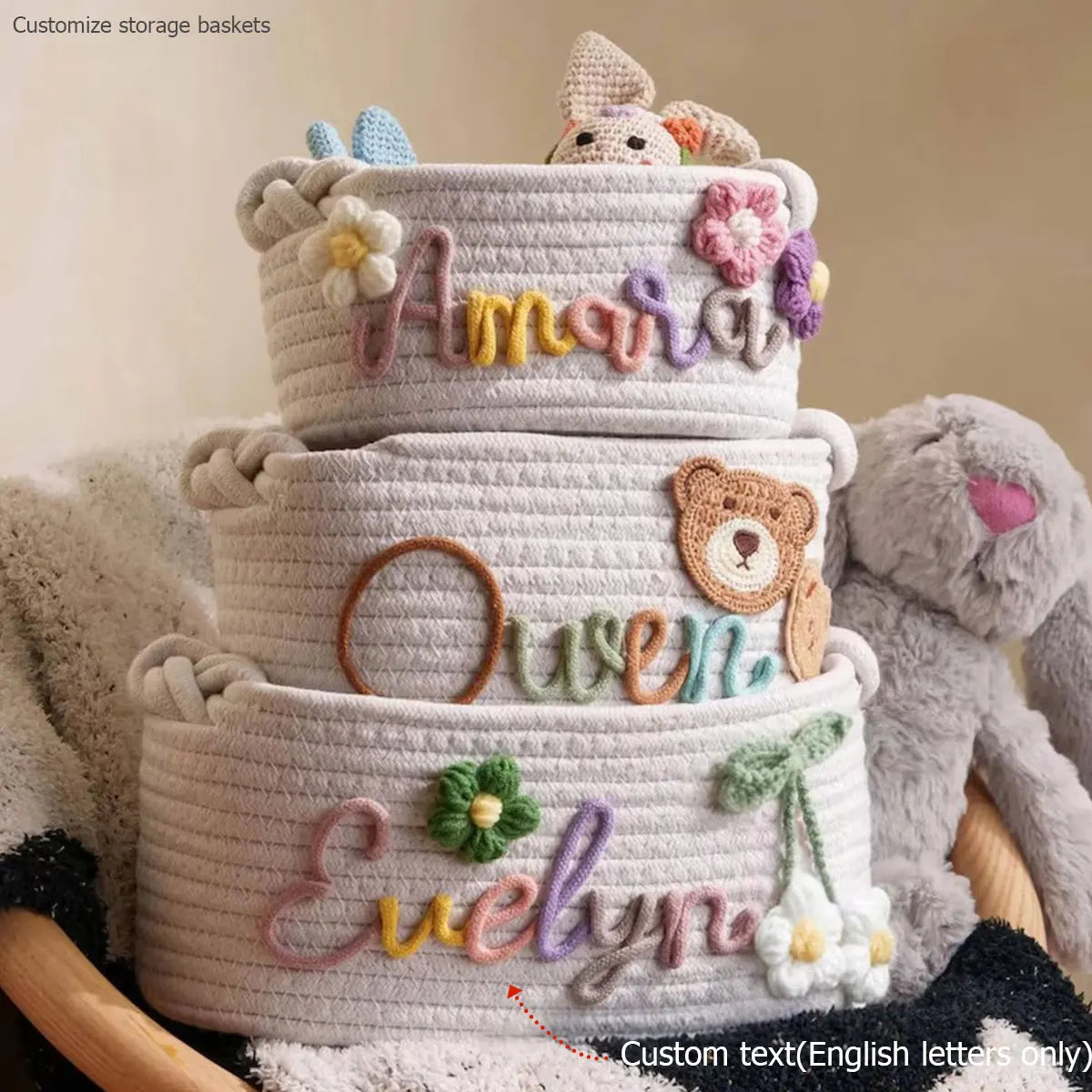Custom Name Baby Storage Basket | Woven Cotton Rope Organizer for Nursery Decor