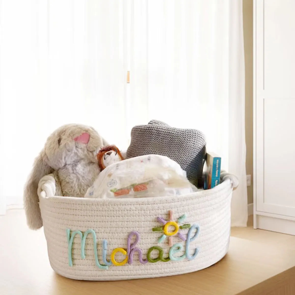 Custom Name Baby Storage Basket | Woven Cotton Rope Organizer for Nursery Decor