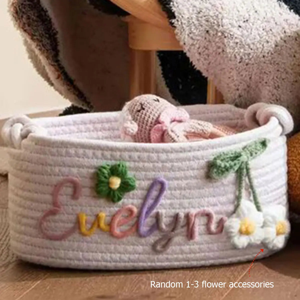 Custom Name Baby Storage Basket | Woven Cotton Rope Organizer for Nursery Decor