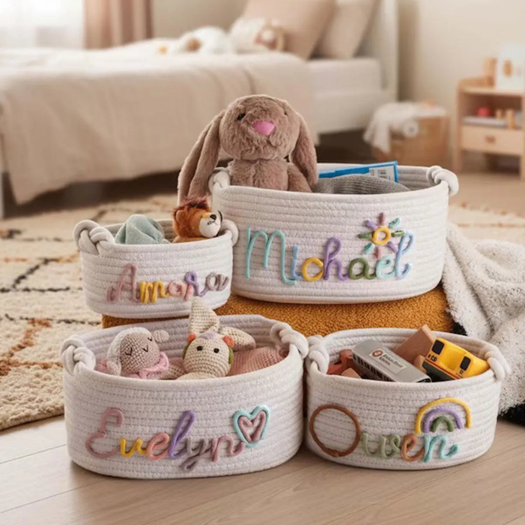 Custom Name Baby Storage Basket | Woven Cotton Rope Organizer for Nursery Decor