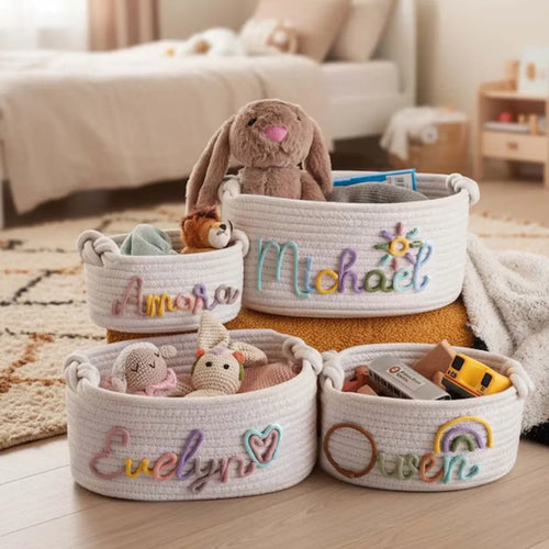 Custom Name Baby Storage Basket | Woven Cotton Rope Organizer for Nursery Decor