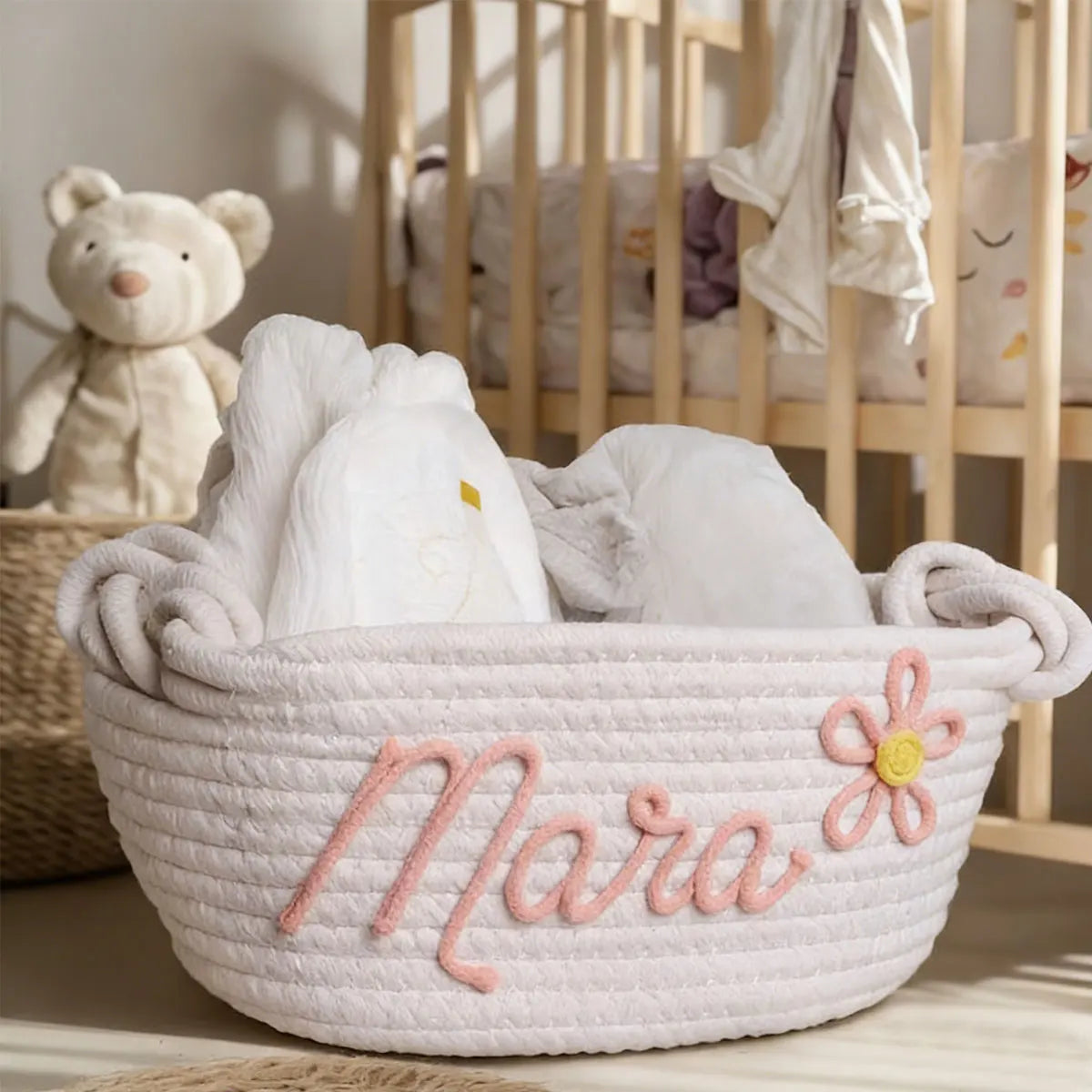 Custom Name Baby Storage Basket | Woven Cotton Rope Organizer for Nursery Decor