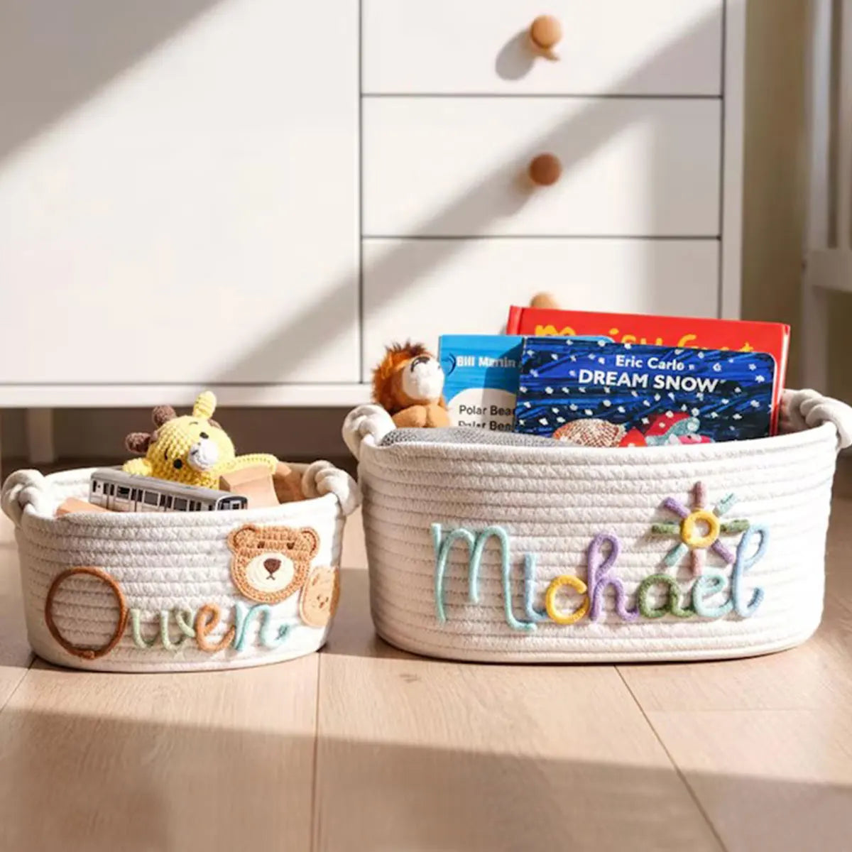 Custom Name Baby Storage Basket | Woven Cotton Rope Organizer for Nursery Decor