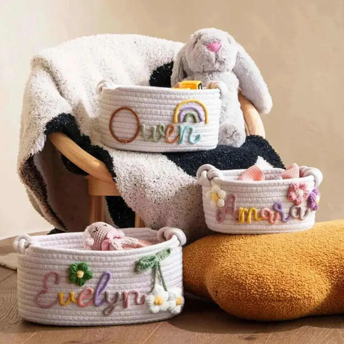 Custom Name Baby Storage Basket | Woven Cotton Rope Organizer for Nursery Decor